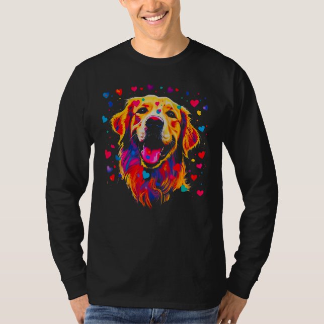 Art Golden Retriever Dog Blue Red Heart T-Shirt (Vorderseite)