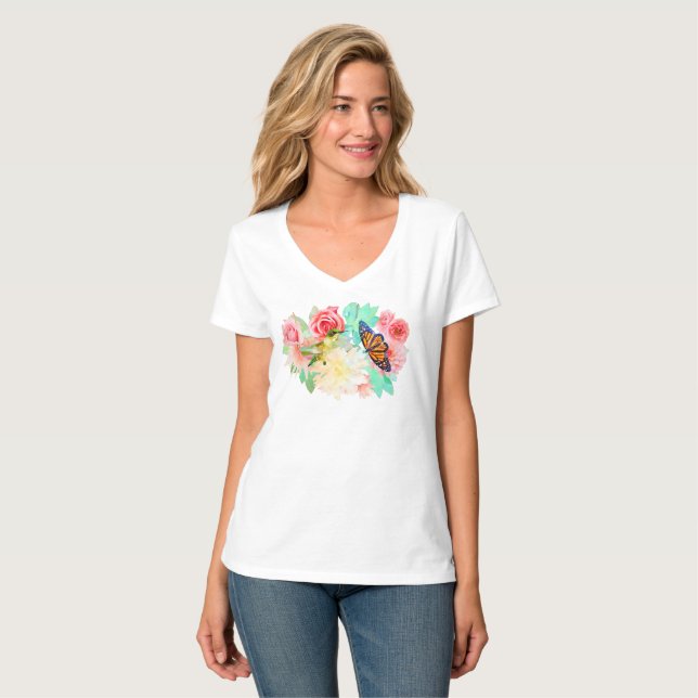 Art Hummingbird und Schmetterlinge und Blume T-Shirt (Vorderseite Vollansicht)
