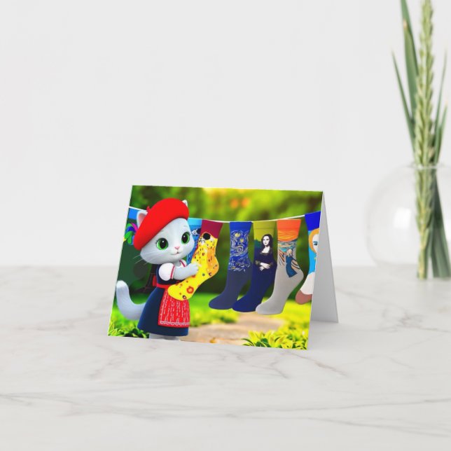 Art Kitty holt Kunstsocken aus Dankeskarte (Vorderseite)