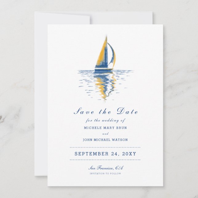 Art Navy Blue Yellow Segelboot Save the Date (Vorderseite)