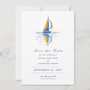 Art Navy Blue Yellow Segelboot Save the Date