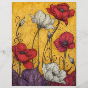 Art Neuveau Vintag Poppies Orange White Red