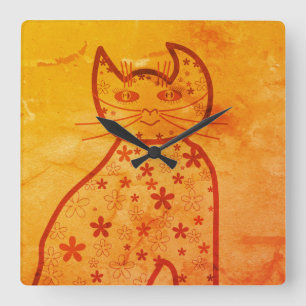 Art,Niedlich Cat Clipart orange Quadratische Wanduhr