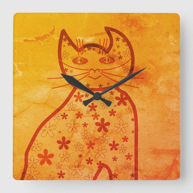 Art,Niedlich Cat Clipart orange Quadratische Wanduhr (Vorderseite)