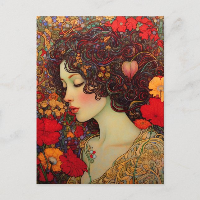 Art Nouveau A Women Amidst Red and Gold Poppies Postkarte (Vorderseite)