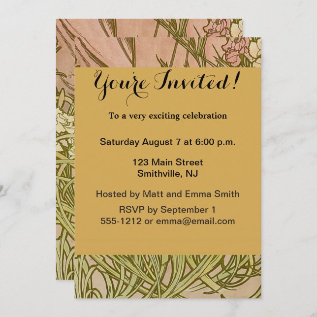 Art Nouveau Alfonse Mucha Blumenzucht Blume Einladung (Vorne/Hinten)