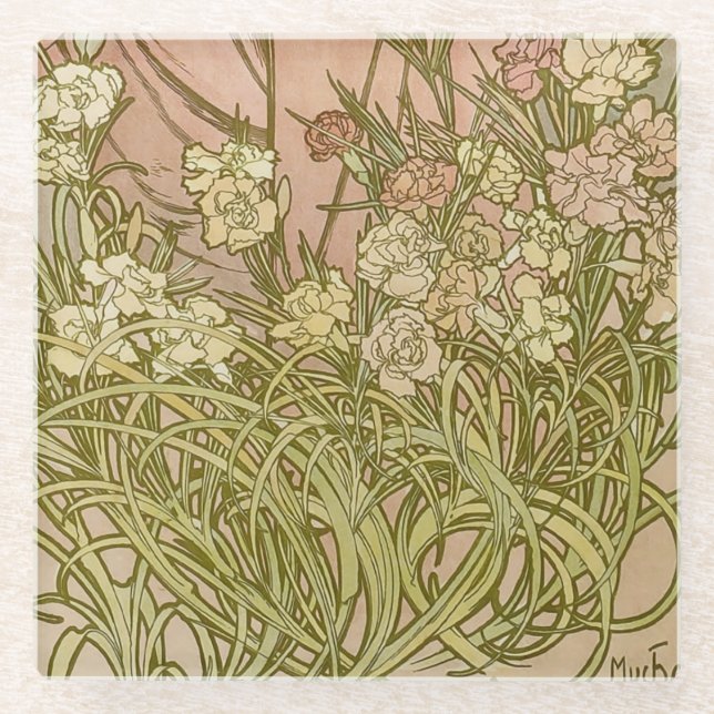 Art Nouveau Alfonse Mucha Blumenzucht Blume Glasuntersetzer (Vorderseite)