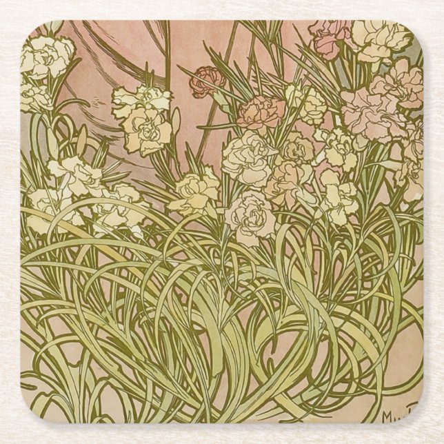 Art Nouveau Alfonse Mucha Blumenzucht Blume Rechteckiger Pappuntersetzer (Vorderseite)