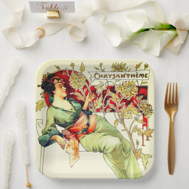 Art nouveau Alphonse Mucha Chrysantheme Herbst  Pappteller (Hochzeit)