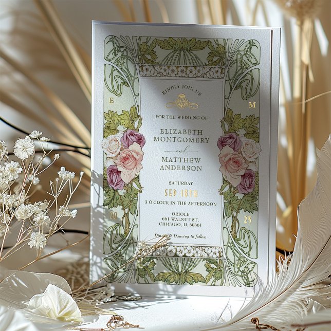 Art Nouveau Alphonse Mucha Mauve Dusty Rose Folieneinladung (Von Creator hochgeladen)