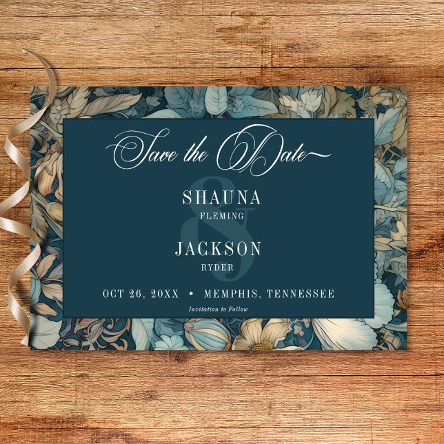 Art Nouveau Aquamarin William Morris Floral Weddin Save The Date (Art Nouveau Teal William Morris Floral Wedding Save The Date)