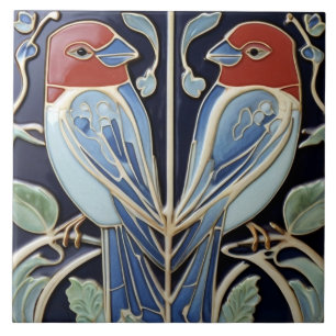 Art Nouveau Art Deco Birds - Red Blue Parrot Fliese