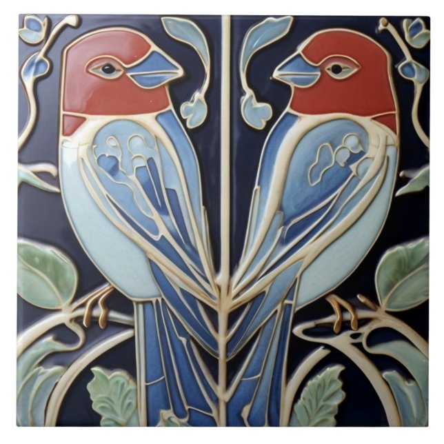 Art Nouveau Art Deco Birds - Red Blue Parrot Fliese (Vorderseite)