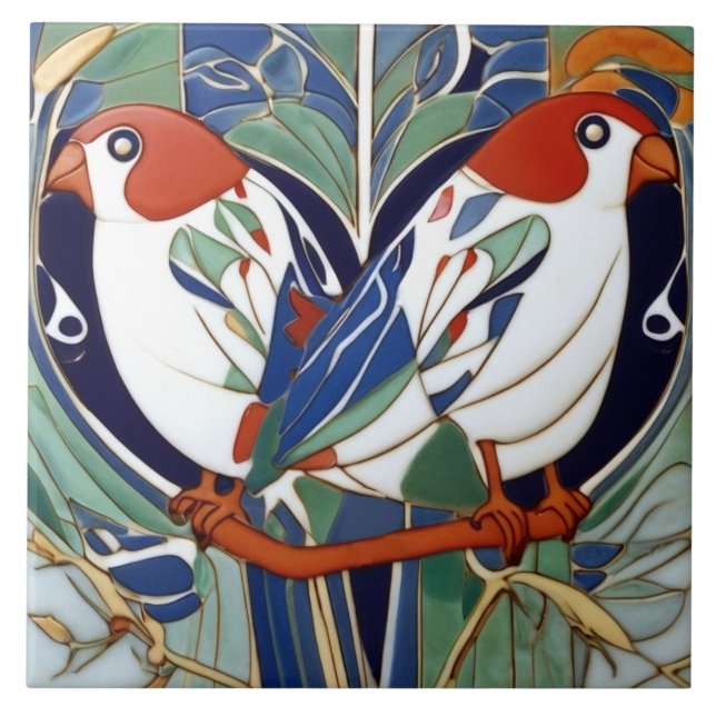 Art Nouveau Art Deco Birnen in Red White Blue Gree Fliese (Vorderseite)