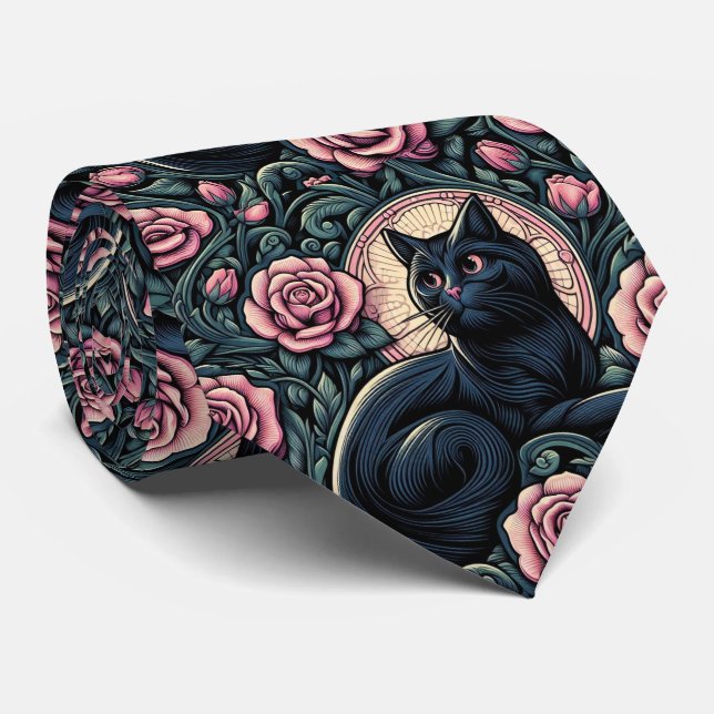 Art Nouveau Art Deco Black Cat with Pink Roses Krawatte (Gerollt)