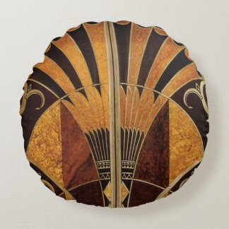 Art Nouveau, Art Deco, Vintage, mehrfarbige Holztö Rundes Kissen