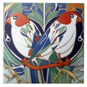 Art Nouveau Art Deco Vögel in Rot Weiß Blau Grün Fliese
