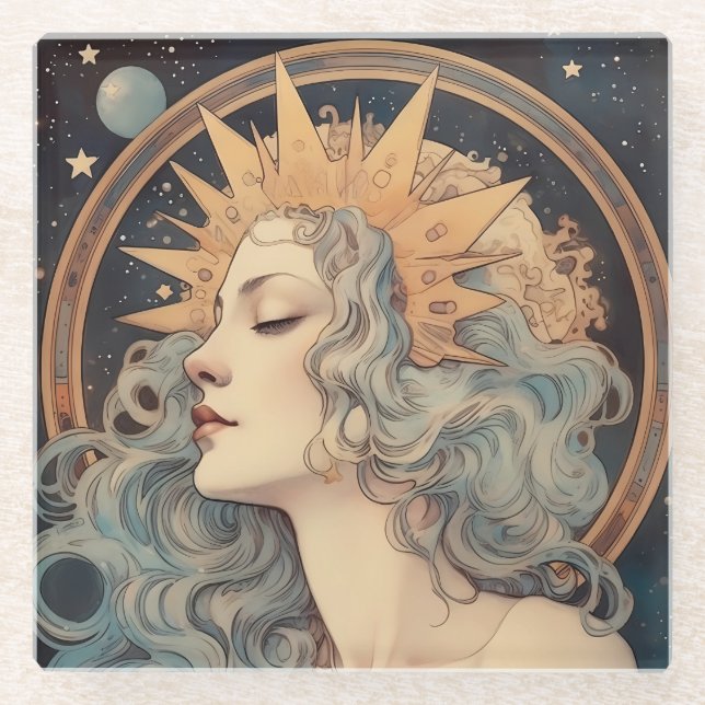 Art Nouveau Art Moon Stars Princess Glasuntersetzer (Vorderseite)