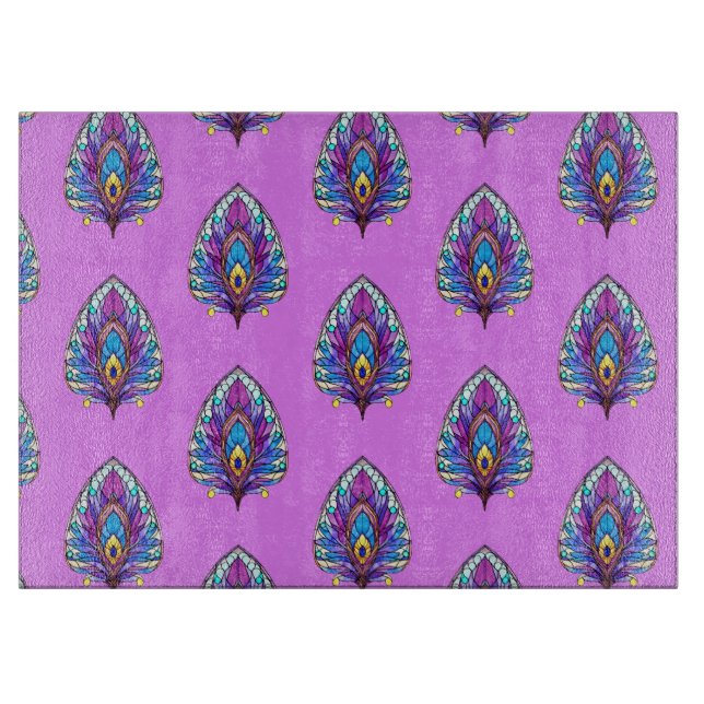 Art Nouveau Art verkleidet Glass Peacock Feather Schneidebrett (Vorderseite)