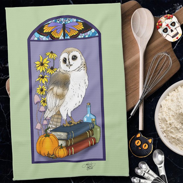 Art Nouveau Barn Owl Pumpkins Bücher Geschirrtuch (Von Creator hochgeladen)