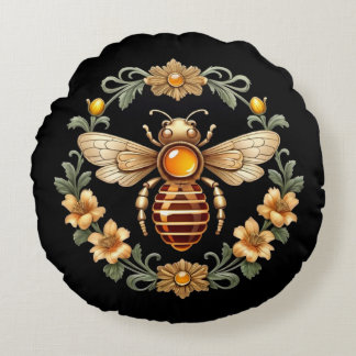 Art Nouveau Bee on Black Rundes Kissen