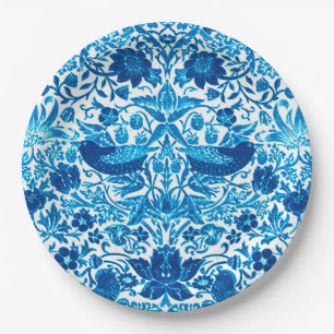 Art Nouveau Bird and Blume Tapestes, Blue & White Pappteller