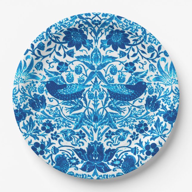 Art Nouveau Bird and Blume Tapestes, Blue & White Pappteller (Vorderseite)