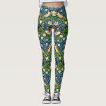 Art Nouveau Bird and Blume TapestPattern<br><div class="desc">Leggings in einem Jugendstil-Wandbild mit dem Titel "Der Erdbeerdieb",  aus stilisierten Vögeln,  Blume,  Erdbeeren und Blätter,  digital verstärkt und in sanften Blautönen,  Grün,  Beige und Bräunen auf dunkelblauem indigoblauem Hintergrund gehalten</div>