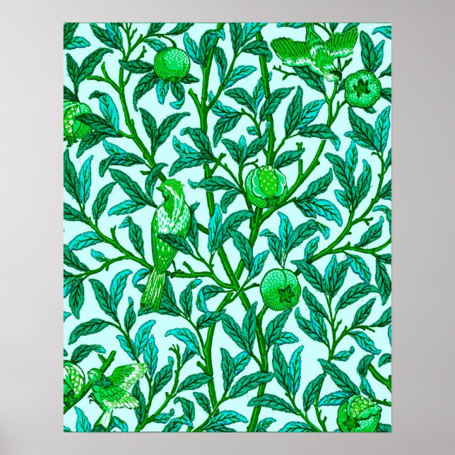 Art Nouveau Bird and Pomegranate, Turquoise & Aqua Poster (Vorne)