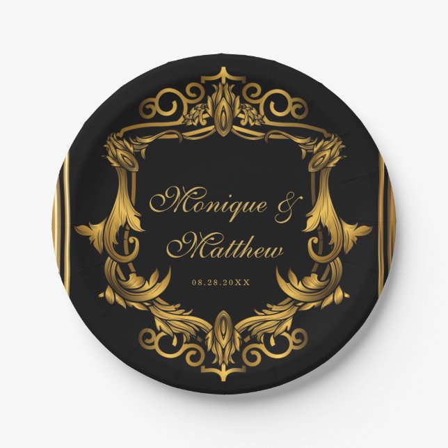 Art Nouveau Black and Gold Royal Wedding Pappteller (Vorderseite)