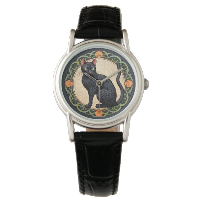 Art Nouveau Black Cat Armbanduhr (Vorderseite)