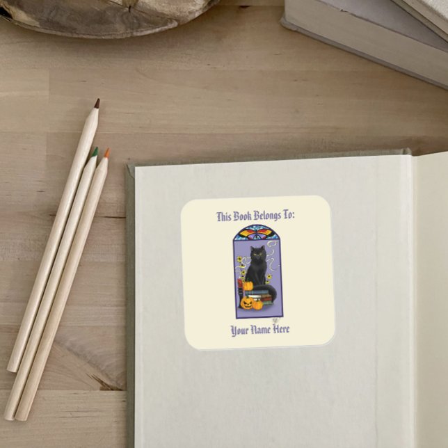 Art Nouveau Black Cat Buchzeichen Quadratischer Aufkleber (Von Creator hochgeladen)