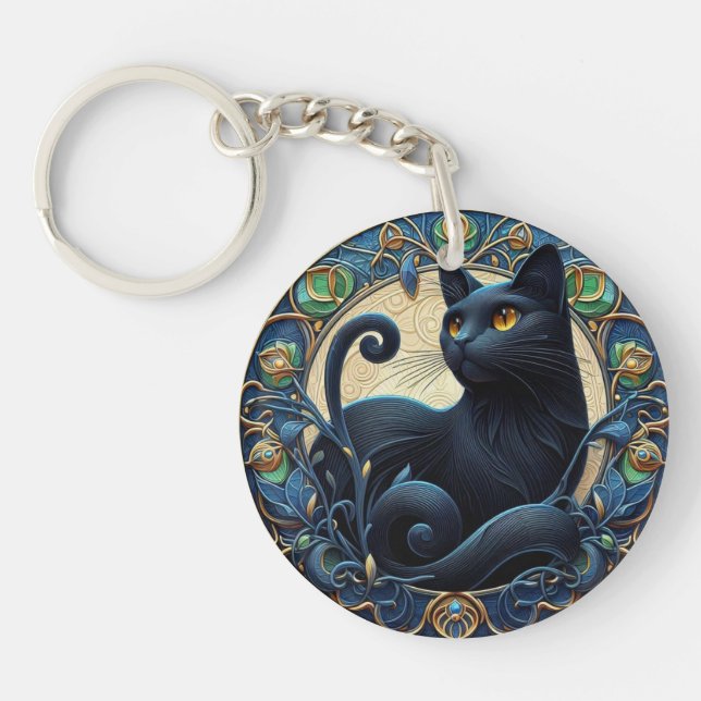 Art Nouveau Black Cat Celtic Key Chain Schlüsselanhänger (Vorderseite)