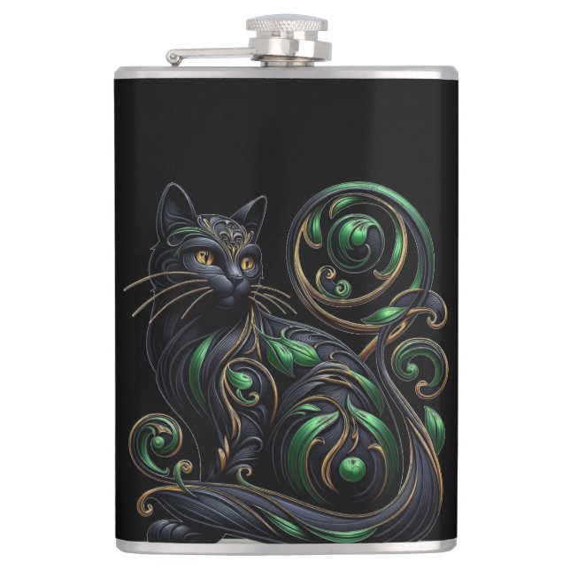 Art Nouveau Black Cat Celtic Vinyl Wrapped Flask Flachmann (Vorderseite)