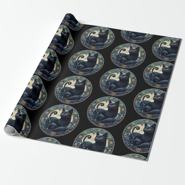 Art Nouveau Black Cat Celtic Wrapping Paper Geschenkpapier (Ungerollt)