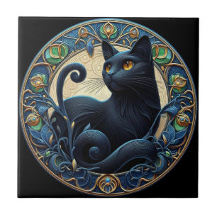 Art Nouveau Black Cat Keramik Tile Fliese