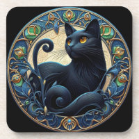 Art Nouveau Black Cat Plastik Untersetzer Set