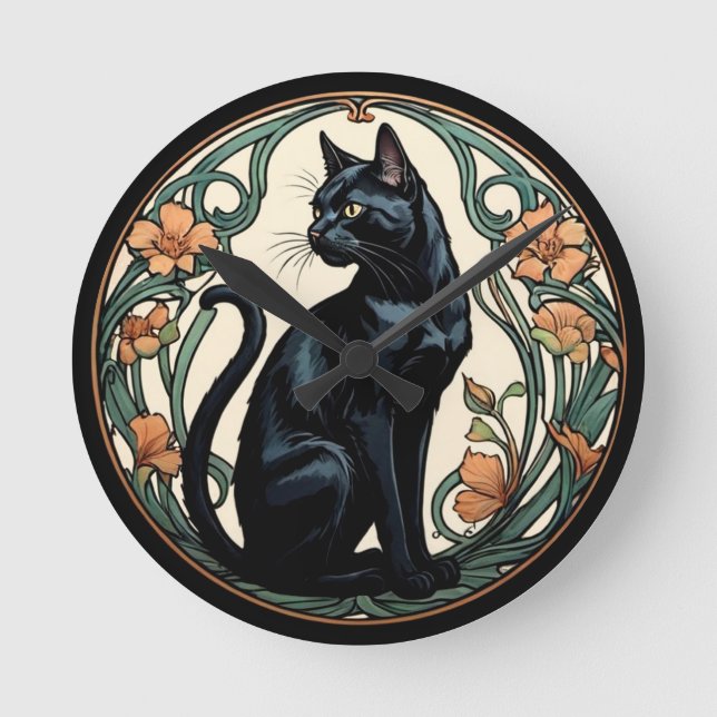 Art Nouveau Black Cat Runde Wanduhr (Vorderseite)
