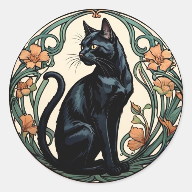 Art Nouveau Black Cat Runder Aufkleber (Vorderseite)