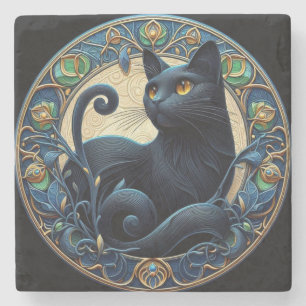 Art Nouveau Black Cat Stone Untersetzer