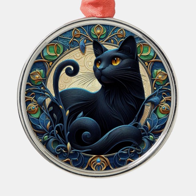 Art Nouveau Black Cat Weihnachtsschmuck (Vorne)
