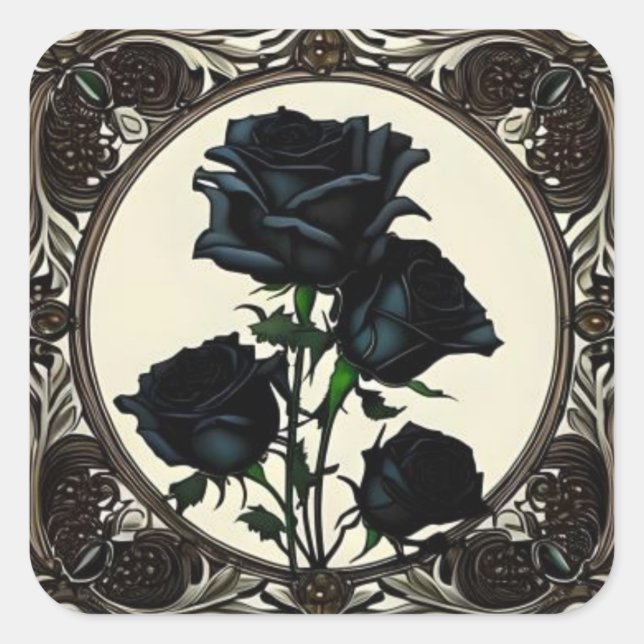 Art Nouveau Black Rose Rose #1 Quadratischer Aufkleber (Vorderseite)