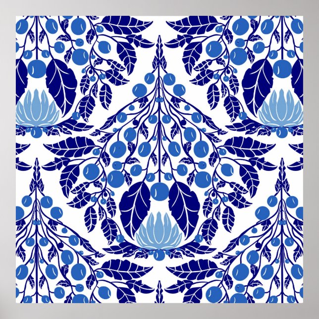 Art Nouveau Blauer Vintager Blumenstrauß Poster (Vorne)