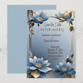 Art nouveau blue and gold lotus flowers wedding save the date