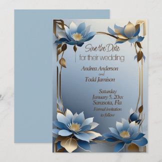 Art nouveau blue and gold lotus flowers wedding save the date