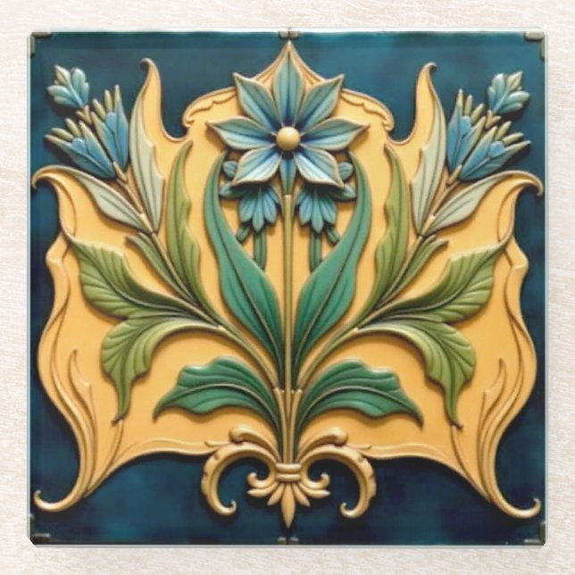 Art Nouveau Blue Floral Untersetzer (Vorderseite)