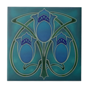 Art Nouveau Blue Green Tulip Trio Repro c1900  Fliese