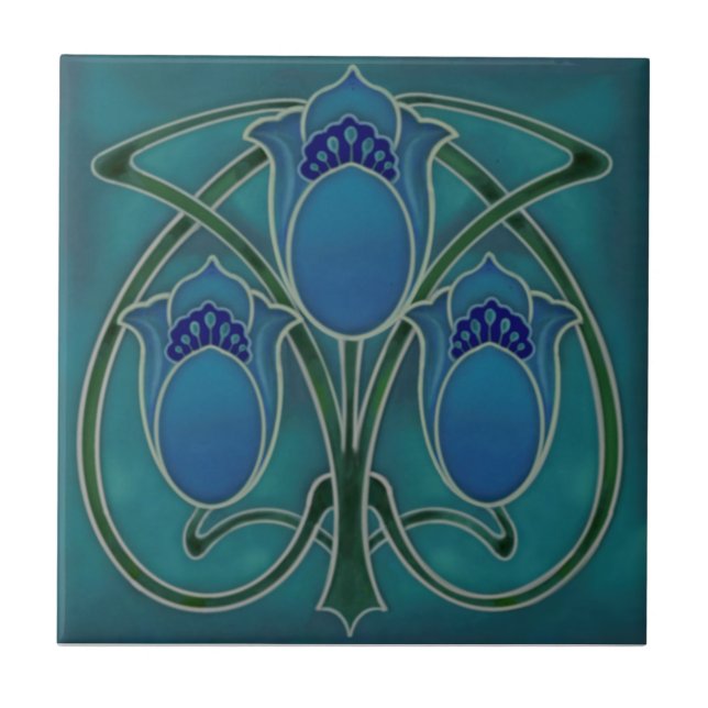 Art Nouveau Blue Green Tulip Trio Repro c1900  Fliese (Vorderseite)