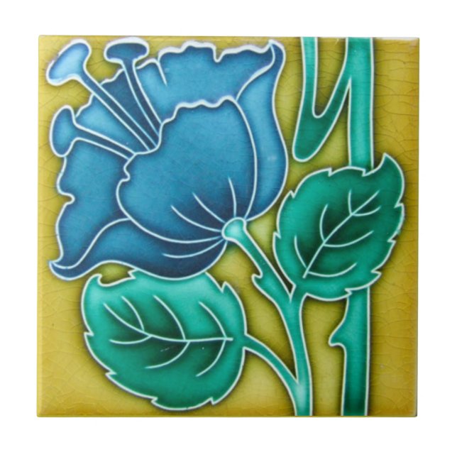 Art Nouveau Blue Poppy Keramik Tile Fliese (Vorderseite)