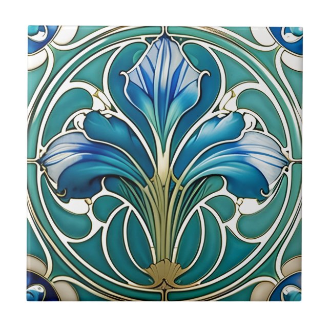 Art Nouveau Blue Stilistik Lily 2 Fliese (Vorderseite)